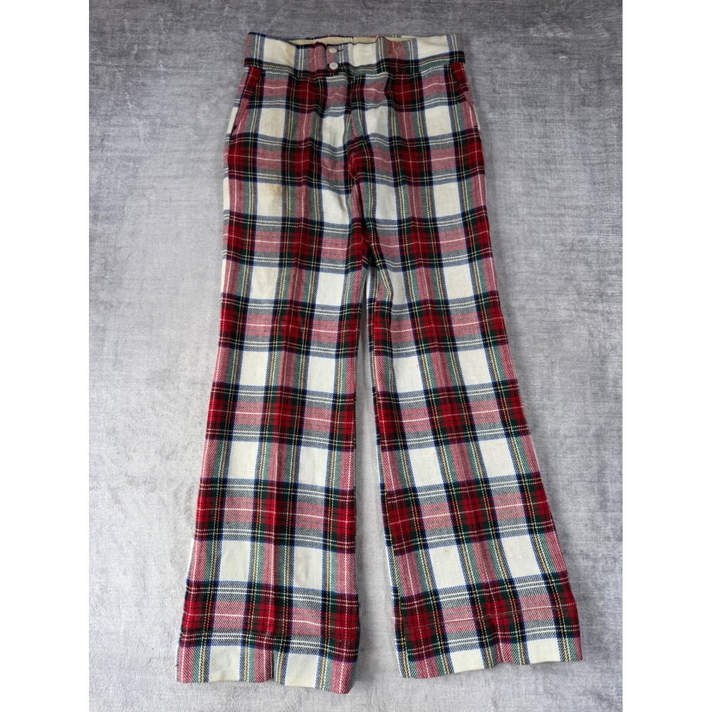 Vintage Trousers Mens 28x31 Red Tartan 70s Plaid Disco Wide Leg Pants